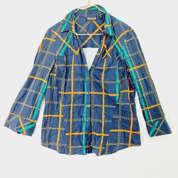 New York & Company Tops - 7th Avenue Design New York & Company Blue Chain Square Button Down Shirt P3039